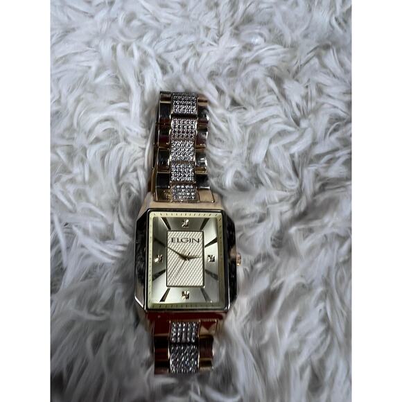Elgin Rectangular Quartz Watch Gold Tone Crystal Bracelet Japan Movt FG754ST - Picture 2 of 14